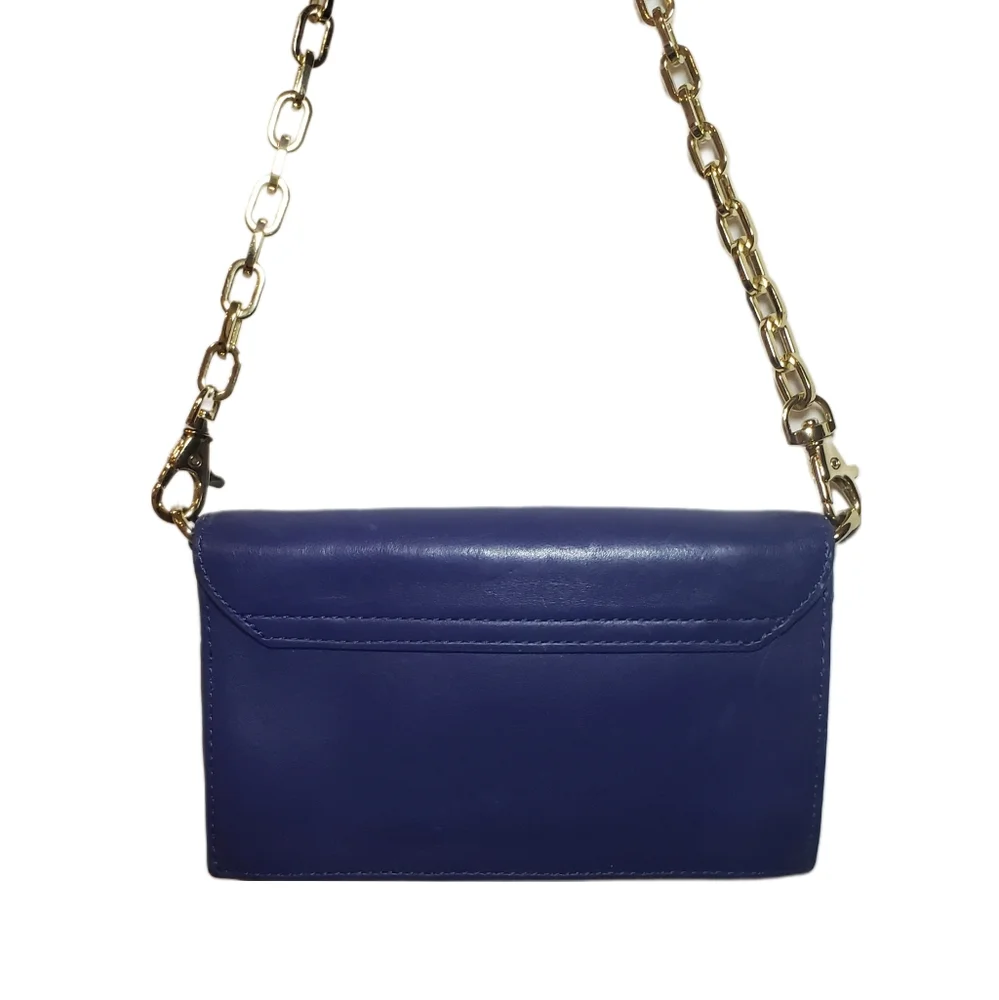 Tory Burch Blue Leather Envelope Mini Crossbody Purse Bag with Pink Bow